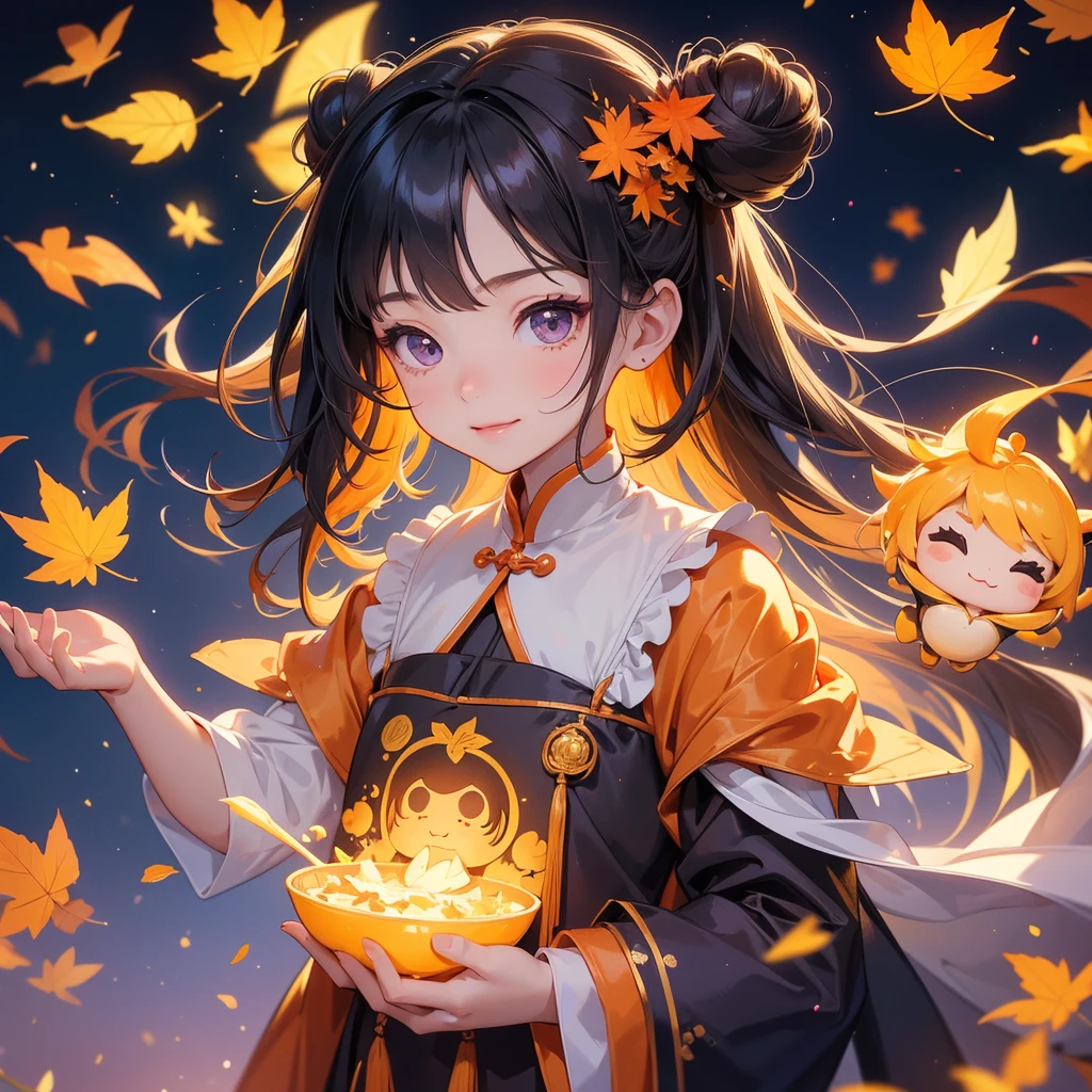A chibi  girl had a small face and Wearing a violet little Taoist priest's outfit. A pair of big round eyes shone with curiosity about him. This childso cute!, Burning joss paper and gold paper for the departed spirits, her hair is black with two buns on her hair.small chibi, chibi baby, smil

The little chibi boked up with chest raised, and his face was old and proud.

The backdrop is a mountain that turns orange-red in spring, and maple leaves fall from the trees.

 
