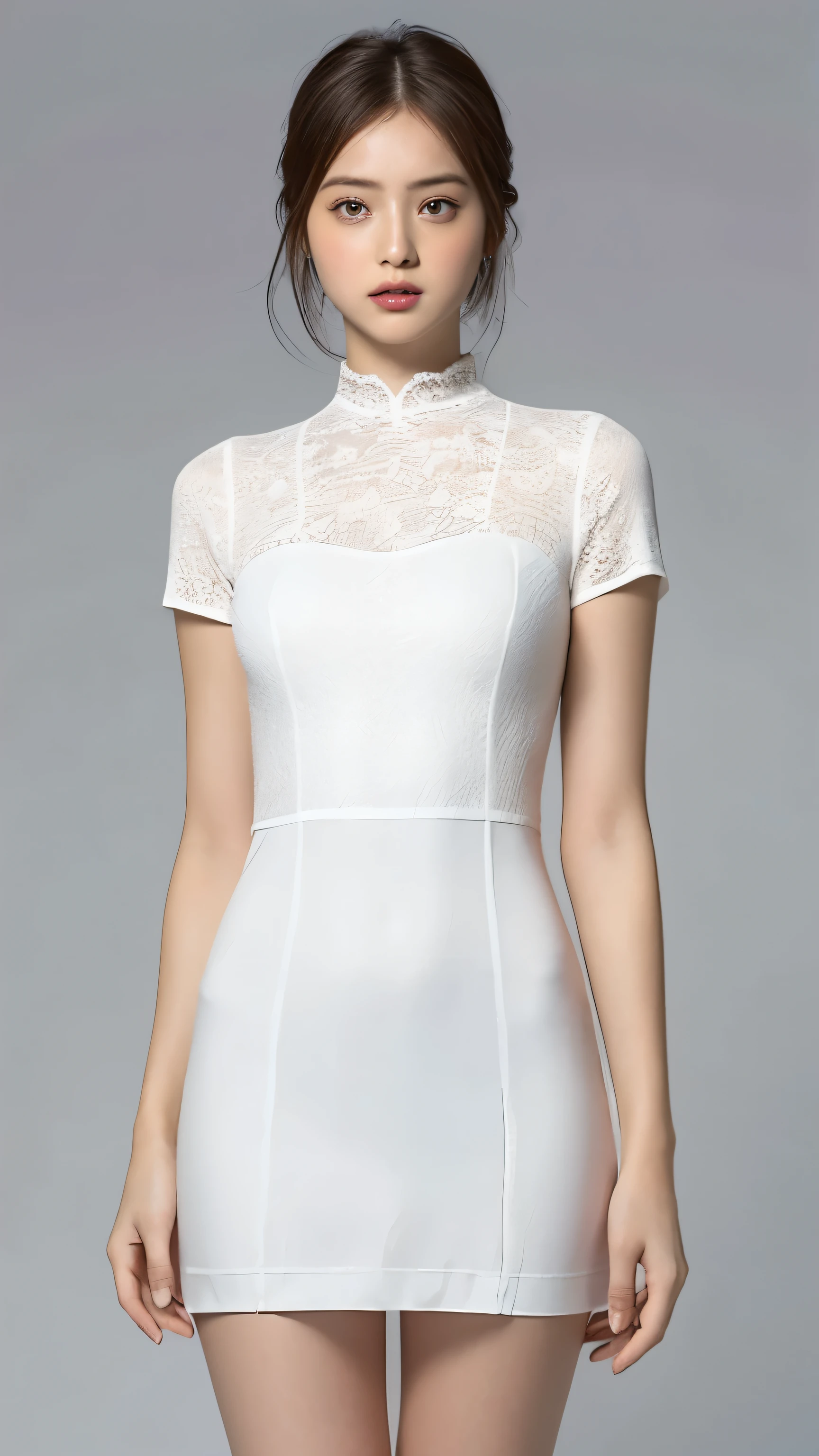 Highest quality,masterpiece,Ultra-high resolution,(Actual:1.4),Original photo,Ultra-high resolution,8K,There are also women,Fair skin、Transparent short-sleeved one-piece white dress
Long legs:1.5,Bright and beautiful,high waist,Flashy makeup,Gray background,