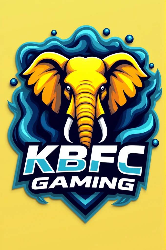 Gaming logo with yellow and blue colours having a yellow coloured elephant head with joystick outline in the middle and below that the name 'KBFC Gaming'. 