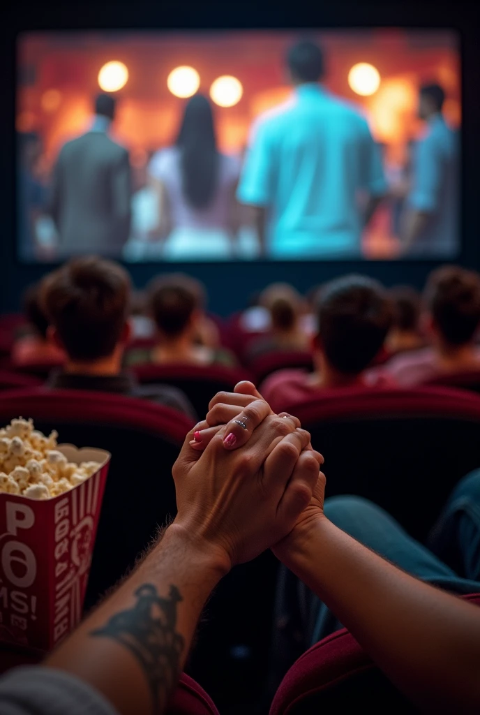 Male and femal hand holinding in theater watching stree 2 movie