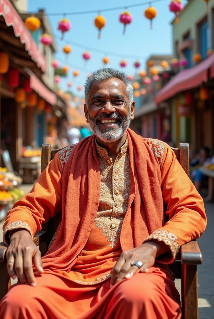 Gujrati man seating on chair with smile and ware the traditional outfit
