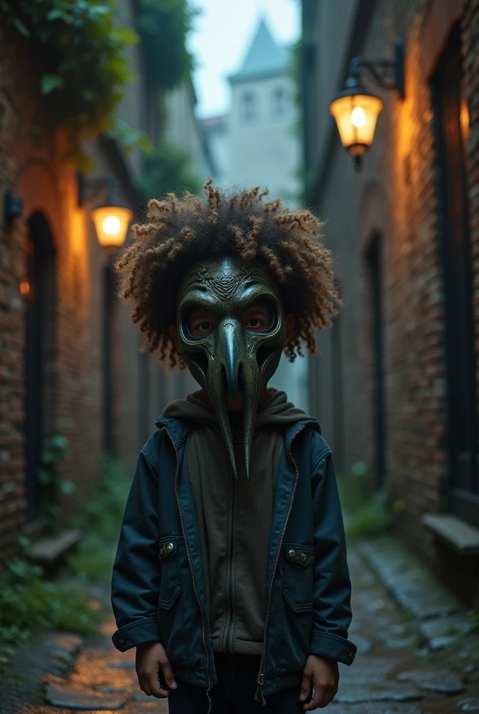 Perm-haired boy wearing a plague mask