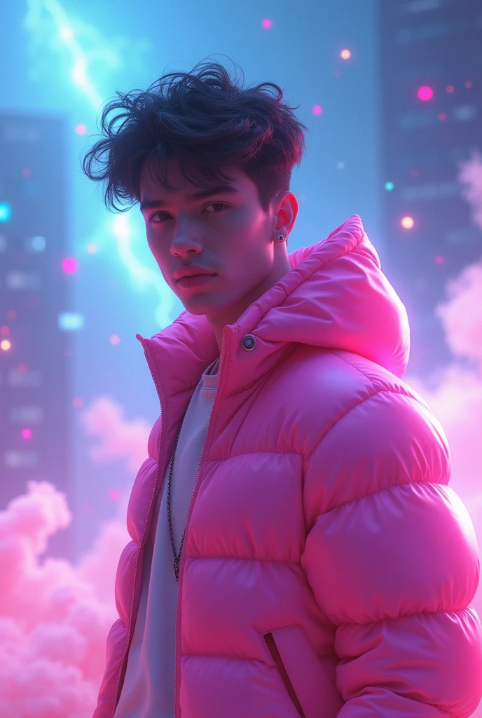 Create a 3D illustration of a 25 year old boy wearing a pink jacket with glowing color, smoke artistically forming a frame edit Photoshop Computer named.