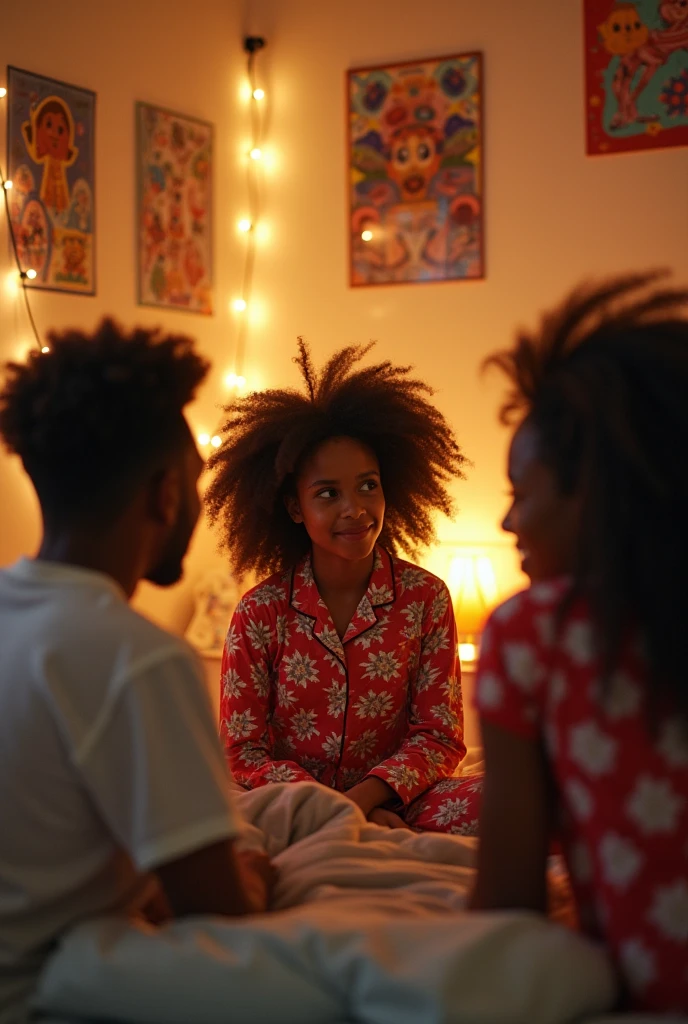 An African  girl fair in complexion with a long curly full hair on a pyjamas sitting down on her bed, looking at her two older brothers ( youths. Male. Both on afro haircuts) talking to woman with long curly hair .