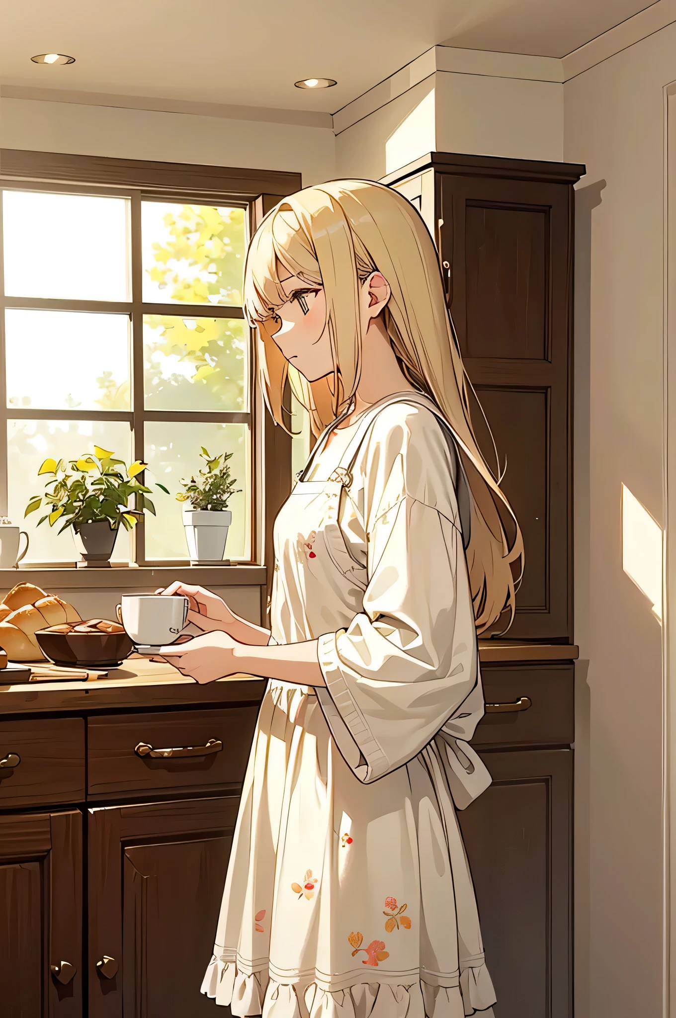 "Generate an illustration of a cozy, sunlit kitchen scene. The artwork should depict a young woman standing by the counter, holding a mug, lost in a moment of quiet reflection. She is dressed in a soft, oversized yellow cardigan with subtle floral patterns, layered over a simple white dress. The kitchen should have a warm, minimalist aesthetic, with details like a potted plant, wooden utensils, and a tray of freshly baked bread. The overall style should evoke a sense of calm, everyday beauty, with gentle, muted colors and soft lines that give the illustration a warm and inviting feel."
