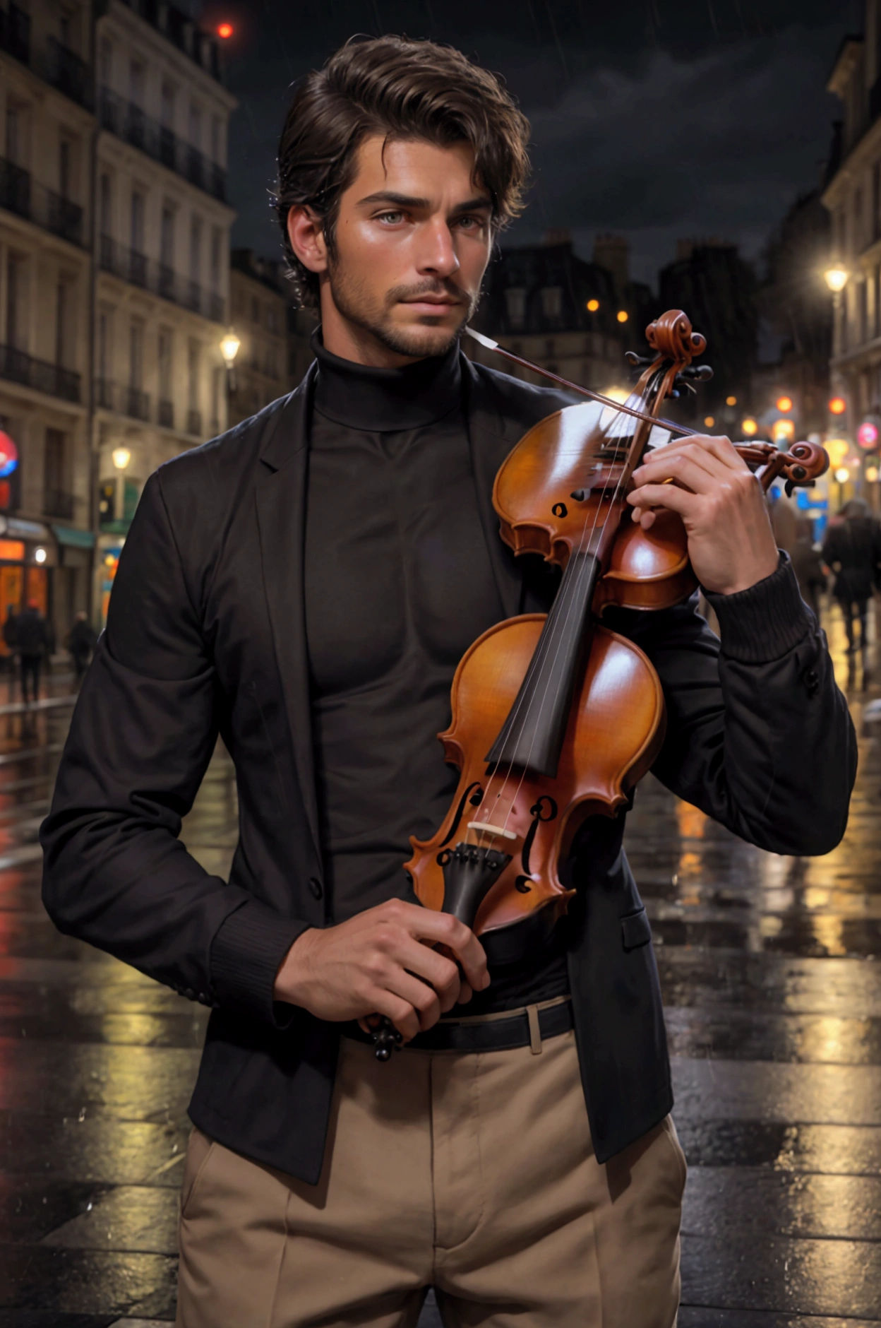 Top Quality, Masterpiece, Ultra High Resolution, close-up photo of a handsome man on the street, holding violin, on the night with pour rain, intricate detailes, has short, messy dark brown hair, amber-colored eyes, typical clothing like a street busker in Paris, France; wear black turtleneck shirt, no mustache or beard, white skin color slightly tanned.