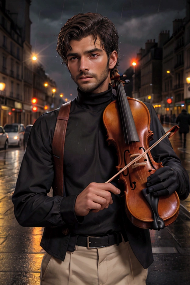 Top Quality, Masterpiece, Ultra High Resolution, close-up photo of a handsome man on the street, holding violin, on the night with pour rain, intricate detailes, has short, messy dark brown hair, amber-colored eyes, typical clothing like a street busker in Paris, France; wear black turtleneck shirt, no mustache or beard, white skin color slightly tanned.