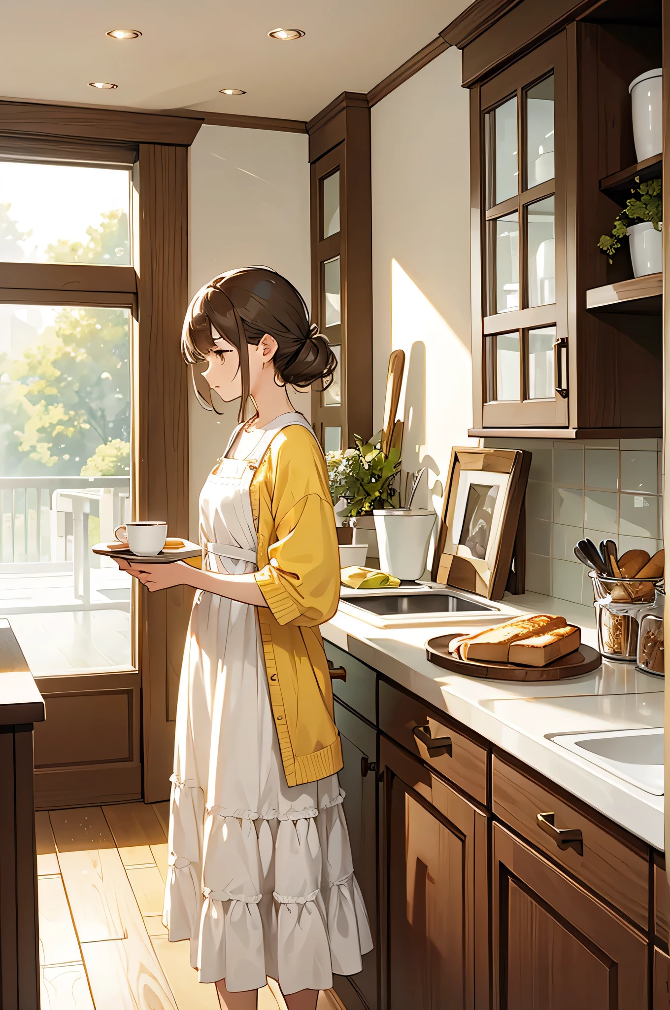 "Generate an illustration of a cozy, sunlit kitchen scene. The artwork should depict a young woman standing by the counter, holding a mug, lost in a moment of quiet reflection. She is dressed in a soft, oversized yellow cardigan with subtle floral patterns, layered over a simple white dress. The kitchen should have a warm, minimalist aesthetic, with details like a potted plant, wooden utensils, and a tray of freshly baked bread. The overall style should evoke a sense of calm, everyday beauty, with gentle, muted colors and soft lines that give the illustration a warm and inviting feel."