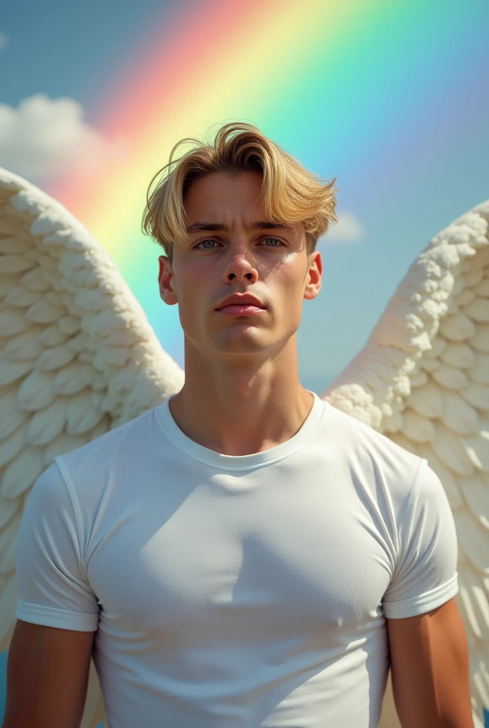 Blonde,White,Handsome young man in his 30s,Mysterious Face,Blue eyes that seem to be sucked in,Angel&#39;s wing,Enlarged image from above,A white shirt shows off your pectoral muscles,Hair is a little longer,No beard.,A gentle face that soothes everyone、Facing forward and looking at the camera,Plump Cheeks,There is a rainbow in the background,Broad shoulders,