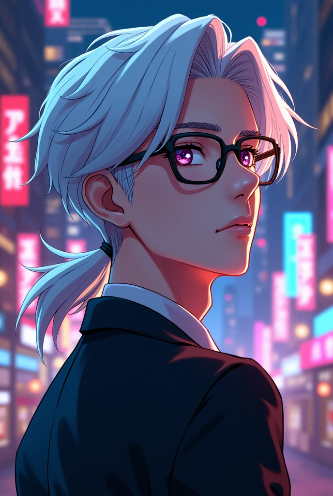 2d photo, white hair, two block mullet hairstyle, masculine, glasses, quiet, anime

