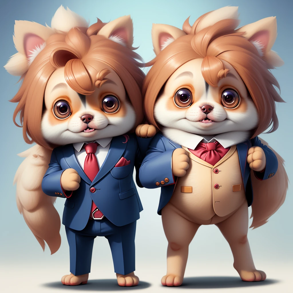 chibi,chibi dog wearing a suit, cute and adorable, detailed facial features, big expressive eyes, fluffy fur, standing pose, highly detailed, 8k, photorealistic, vibrant colors, studio lighting, sharp focus, professional photography, whimsical, endearing