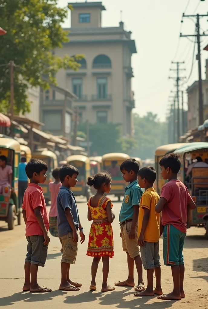 Some 7 boys are standing on a road, it is a road and a girl is going from there, there is a hospital behind and the girl is wearing short clothes and the boys are looking at her and whispering something in They are talking in each other's ears and this atmosphere is of Hindustan India