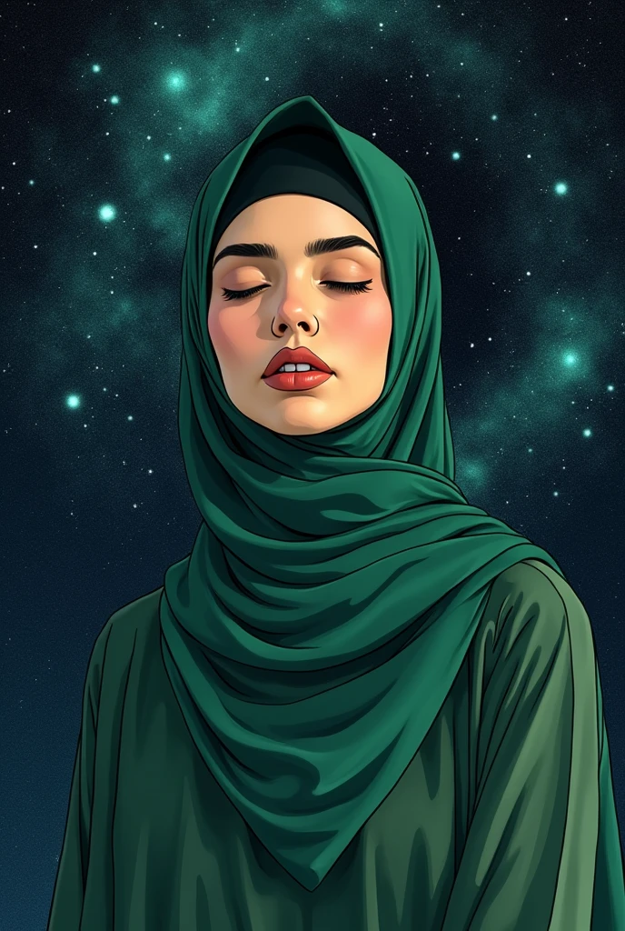 manga style, arabic woman with green kaki hijab, not smiling, eyes and mouth closed, no visible hair, dark galaxy background, dark brightness  