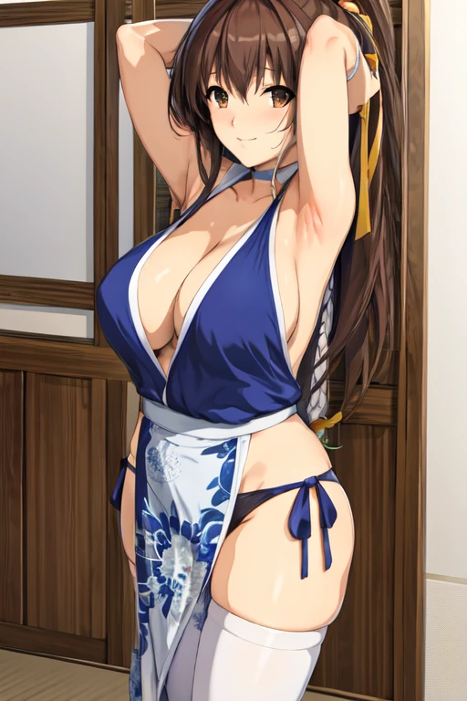 masterpiece, best quality, beautiful art, high resolution, well formed hands, body and fingers, 1 woman, solo,  Haruhi Suzumiya, 31 years old, hair ornament,  adult, grown up, big breasted, cleavage,  full body, braided long hair, blue_japanese_clothes, wearing DOA Kasumi's blue kunoichi dress, sexy and skimpy japanese clothes, kimono peek, sleeveless, panties peek, white stockings, gorgeous legs and thighs, she is doing exercise at the beach, seductive face, warming up, working out, sexy and captivating training, smiling joyfully and happily , looking at the viewer, cowboy shot on her bouncing breasts and red thong, sweating , bouncing breasts, training montage session, beach environment 