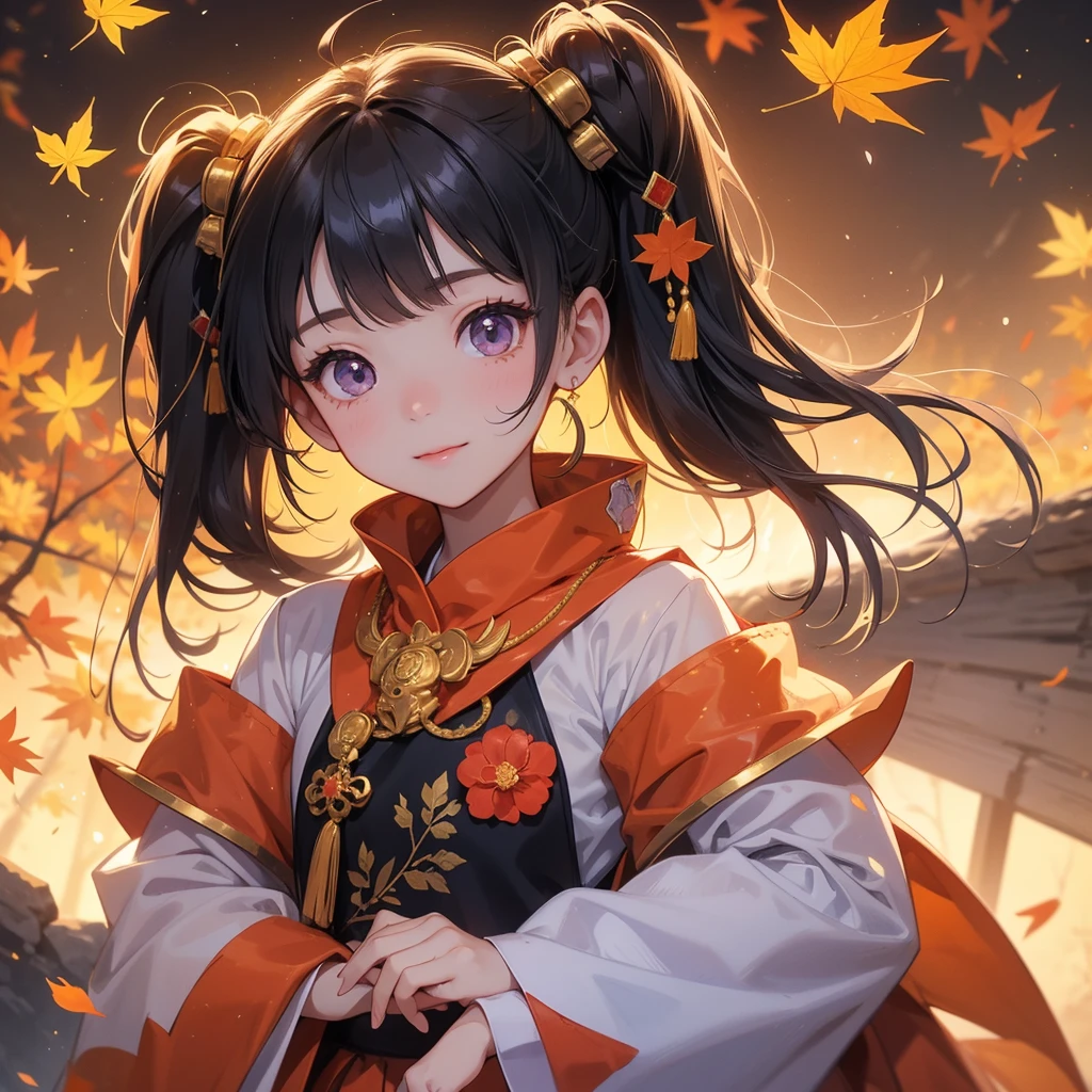 A chibi child girl had a small face and Wearing a violet little Taoist priest's outfit. A pair of big round eyes shone with curiosity about him. This child was so cute!, Burning joss paper and gold paper for the departed spirits, her hair is black with two buns on her hair.small chibi, chibi baby, smiling.
The little chibi baby looked up with his chest raised, and his face was old and proud.
The backdrop is a mountain that turns orange-red in spring, and maple leaves fall from the trees.