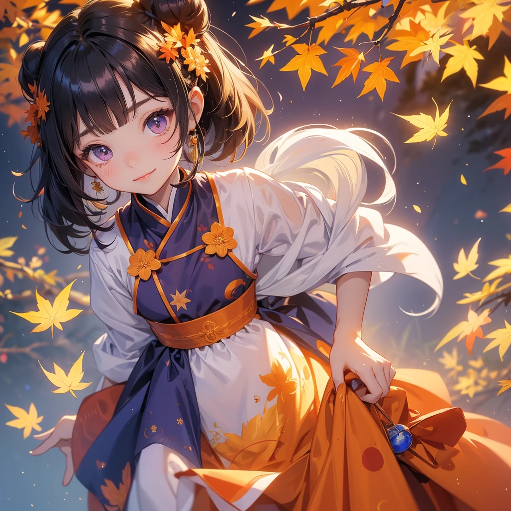 A chibi child girl had a small face and Wearing a violet little Taoist priest's outfit. A pair of big round eyes shone with curiosity about him. This child was so cute!, Burning joss paper and gold paper for the departed spirits, her hair is black with two buns on her hair.small chibi, chibi baby, smiling.
The little chibi baby looked up with his chest raised, and his face was old and proud.
The backdrop is a mountain that turns orange-red in spring, and maple leaves fall from the trees.