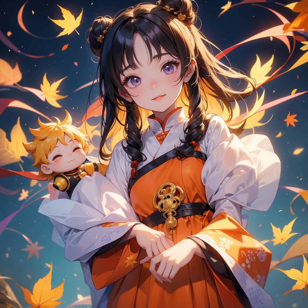 A chibi girl had a small face and Wearing a violet little Taoist priest's outfit. A pair of big round eyes shone with curiosity about him. This childso cute!, Burning joss paper and gold paper for the departed spirits, her hair is black with two buns on her hair.small chibi, chibi baby, smil
The little chibi boked up with chest raised, and his face was old and proud.
The backdrop is a mountain that turns orange-red in spring, and maple leaves fall from the trees.