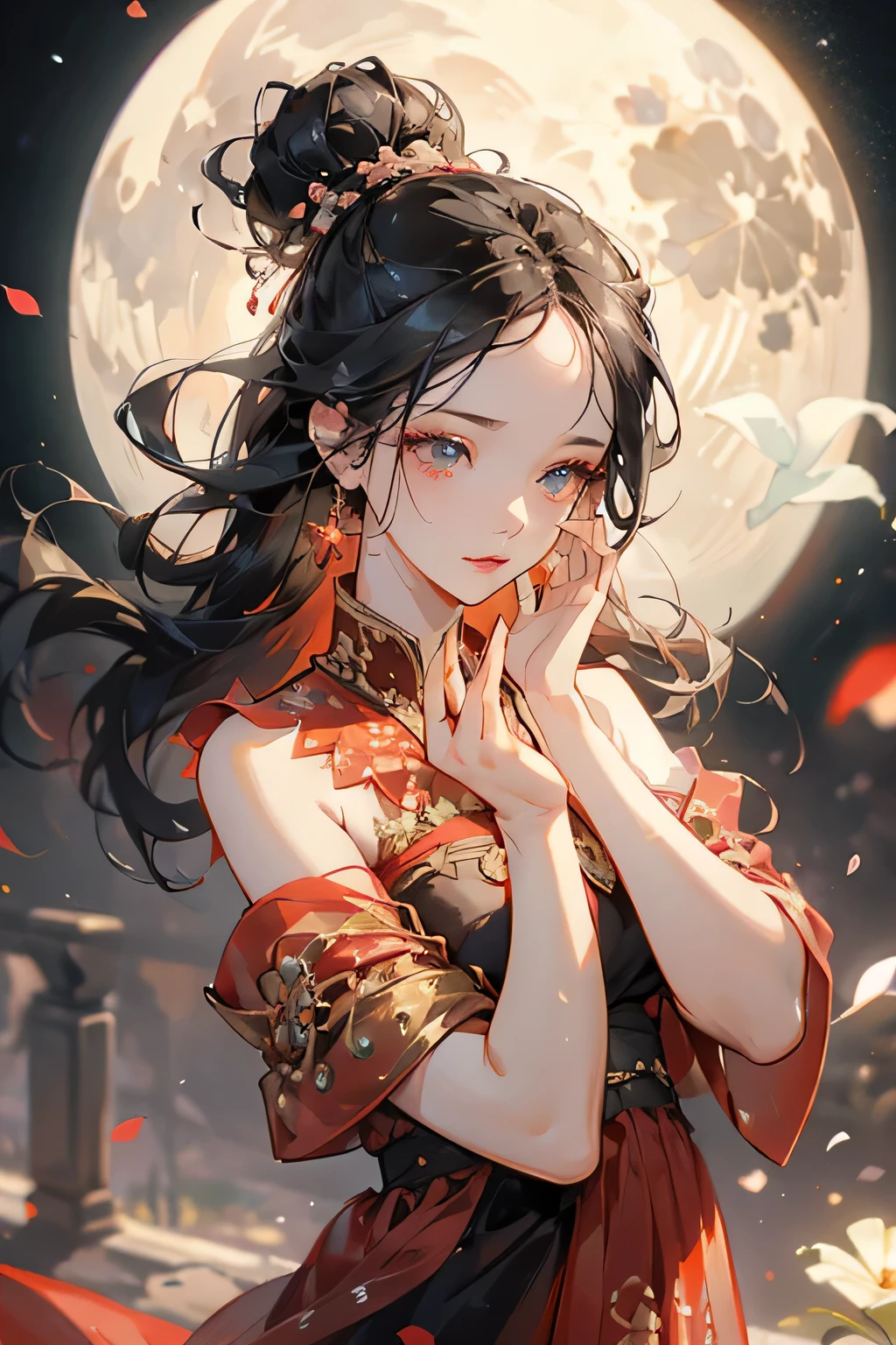 Best quality, masterpiece, ultra high res, (photorealistic:1.4), raw photo, 1mature woman, red long kebaya gown, off shoulder, black eyes, blossom flower field, under the moon, night sky, glowing skin, big black bun hair, calm face, dancing pose, accurate, detailed hand, detailed eyes, detailed face, detailed body, javanese style, prambanan temple