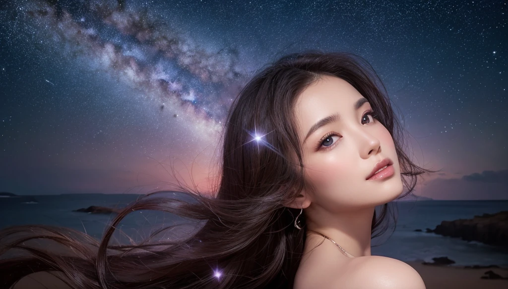 Beautiful woman gazing at the pink moon shining in the starry sky, detailed Fantasy landscape, (Highest quality,4K,8k,High resolution,masterpiece:1.2),Very detailed,(Realistic,photoRealistic,photo-Realistic:1.37),Fantasy,Celestial,Cosmic,Atmospheric,Dramatic lighting,Intricate details,Structure of the film,Elegant female figure,Delicate facial features,Graceful pose,long flowing hair,Twinkling moonlight,Milky Way Galaxy,Scattered Stars,Mysterious,Mysterious,Calm