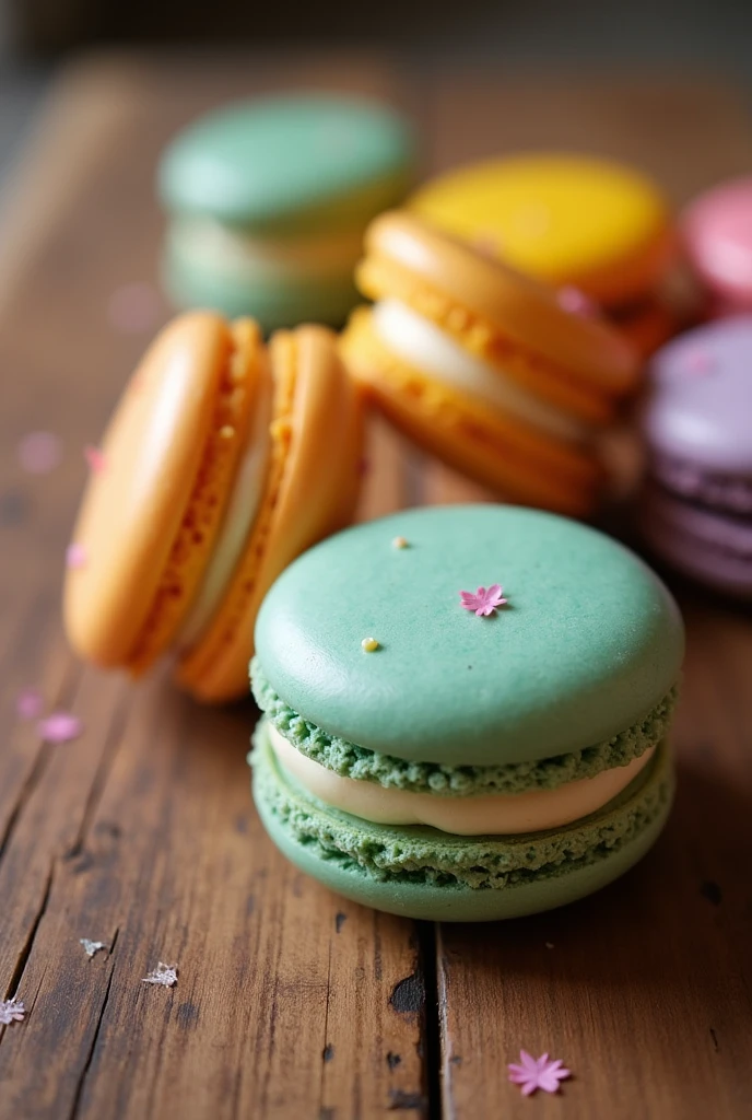 Colorful macarons on a brown background