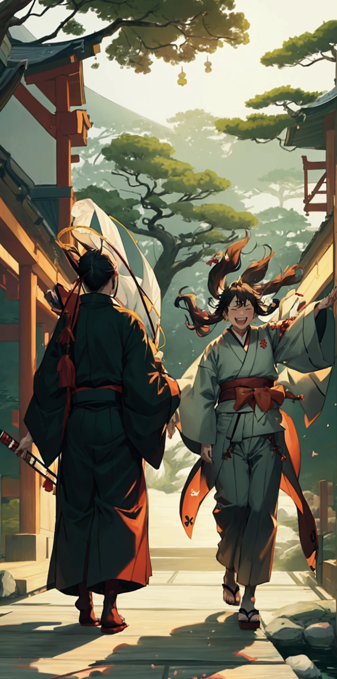 An unbeatable masterpiece,laughing,View from the front,Wearing hakama,Drawing a big bow,Carrying a quiver on his back,A magic circle glowing at your feet,The wind is blowing,Japanese garden,noon