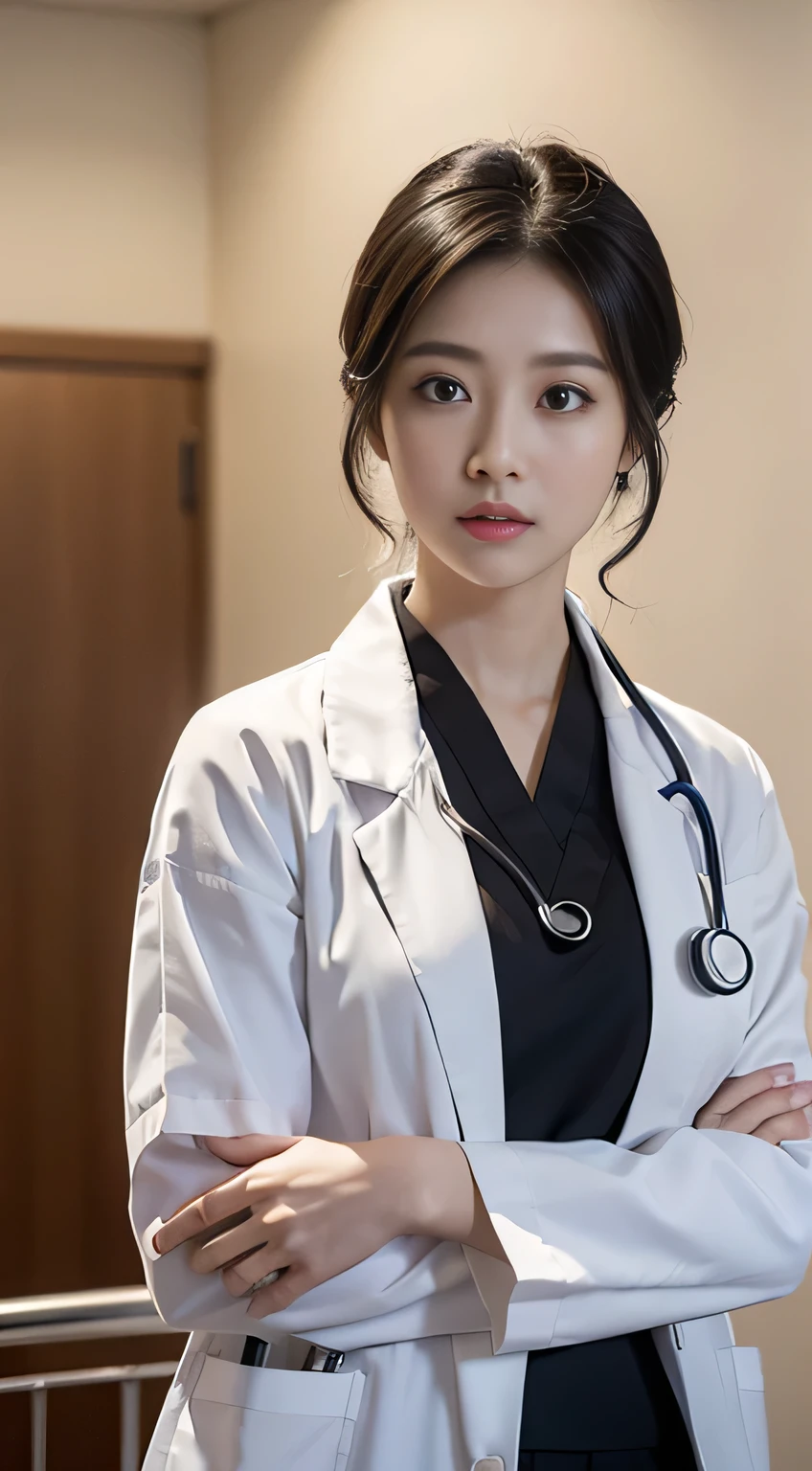 Photorealistic beautiful doctor、stunningly beautiful、doctors white coat, Collared shirt、(top-quality、8K、32K、​masterpiece、nffsw:1.3)、超A high resolution,(Photorealsitic:1.4),Raw photography, Detailed face,Shoulder-length straight black short hair, ((Doctor Style)), Purple Surgical Clothes,Natural makeup,Big breasts,inside hospital, Detailed background, Perfect Lighting, depth of fields, Beautiful shadow gradient,stethoscope ,