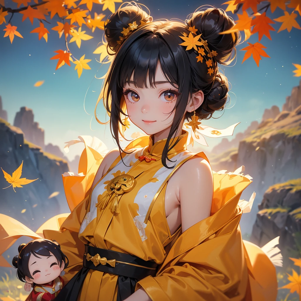 A chibi child girl had a small face and Wearing a green little Taoist priest's outfit. A pair of big round eyes shone with curiosity about him. This child was so cute!, Burning joss paper and gold paper for the departed spirits, her hair is black with two buns on her hair.small chibi, chibi baby, smiling.
The little chibi baby looked up with his chest raised, and his face was old and proud.
The backdrop is a mountain that turns orange-red in spring, and maple leaves fall from the trees.