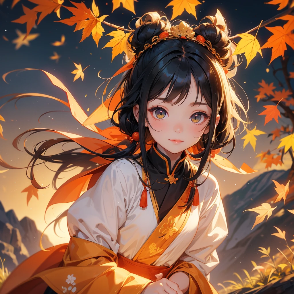 A chibi child girl had a small face and Wearing a green little Taoist priest's outfit. A pair of big round eyes shone with curiosity about him. This child was so cute!, Burning joss paper and gold paper for the departed spirits, her hair is black with two buns on her hair.small chibi, chibi baby, smiling.
The little chibi baby looked up with his chest raised, and his face was old and proud.
The backdrop is a mountain that turns orange-red in spring, and maple leaves fall from the trees.