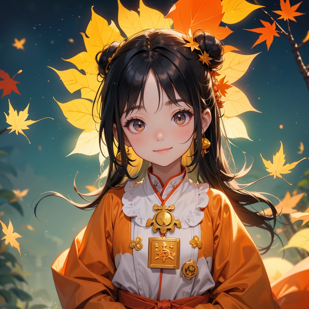 A chibi girl had a small face and Wearing a green little Taoist priest's outfit. A pair of big round eyes shone with curiosity about him. This childso cute!, Burning joss paper and gold paper for the departed spirits, her hair is black with two buns on her hair.small chibi, chibi baby, smil
The little chibi boked up with chest raised, and his face was old and proud.
The backdrop is a mountain that turns orange-red in spring, and maple leaves fall from the trees.