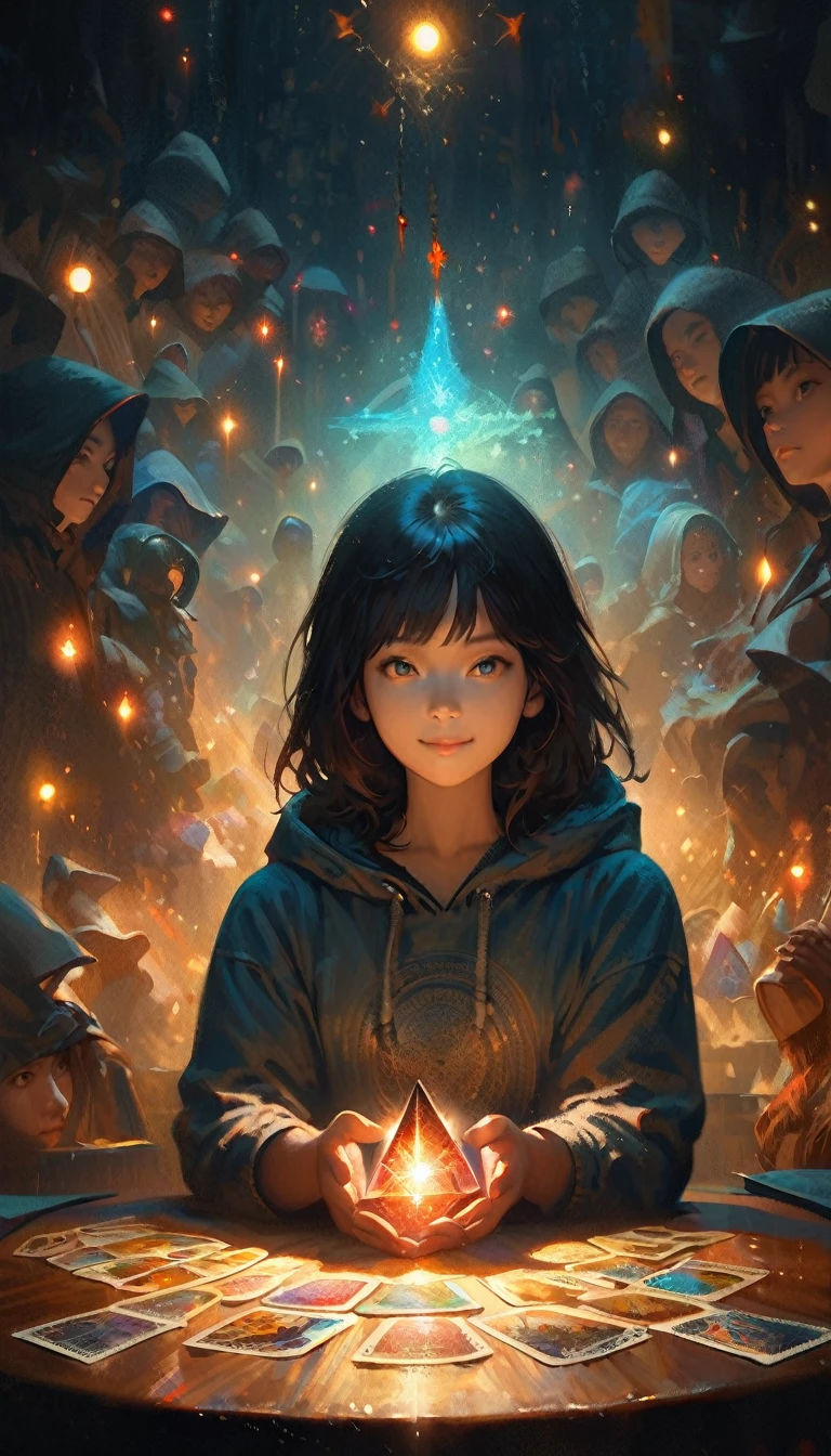 Impressionist painting, Realistic, A young Asian woman with a smile, wearing a hoodie,, fortune teller, tarot cards and crystals on a table., View your audience, mysterious, magic, Shine, Shineing, dark magic lighting, Sulky, Cinematic, Shine, Sparkling, darkness