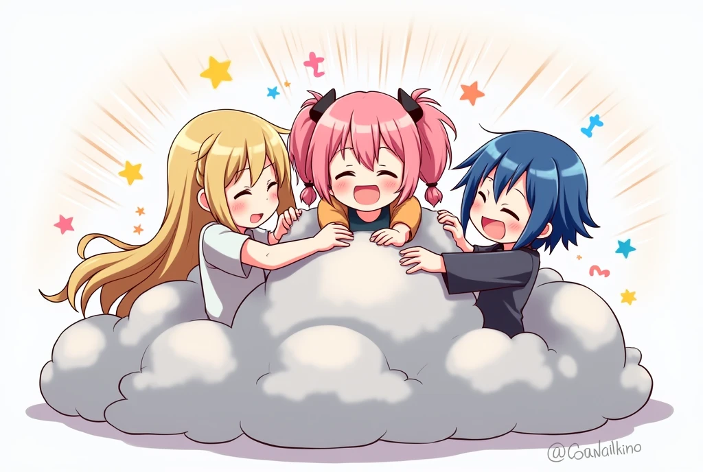 An anime-style illustration depicting three girls playfully wrestling with each other inside a light gray comical fight cloud (cloud of big ball).
each girl has different colored hair: one with blonde braided,another with pink pony tailes,and one with blue bobcuts.
their faces,hands,and feet are visible emerging from the cloud as they tussle humorously, with the rest of their bodies completely hidden inside the cloud.
the illustration emphasizes the humorous and energetic nature of their scuffle,with a fluffy andexaggerated fight cloud.