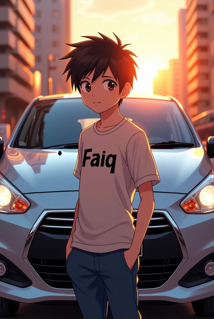Anime boy wear shirt with name on faiq stand a front of mitsubishi mirage hatchback 2013 car in 3d