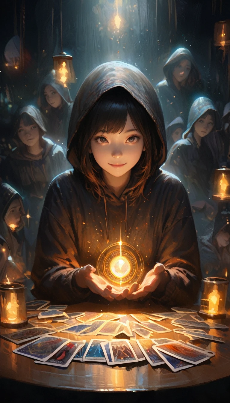 Impressionist painting, Realistic, A young Asian woman with a smile, wearing a hoodie,, fortune teller, tarot cards and crystals on a table., View your audience, mysterious, magic, Shine, Shineing, dark magic lighting, Sulky, Cinematic, Shine, Sparkling, darkness