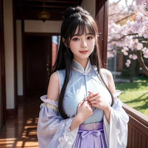 Sideways photo,laughing out loud,best quality, Delicate face,beautiful visual work, lifelike, eternity, black hair, Long curly hair, blunt bangs, Smile, Detailed Background, Delicate face,blush,cold,((masterpiece))、(top quality)、8k、high detail、Super detailed,31 years old female,Wearing Tang Dynasty Hanfu、waist skirt, Clothes are light and fluffy,Hanfu, wide sleeves, Transparent sleeves, Tunic, Clothes made of chiffon, Seductive and whimsical style、masterpiece、born、Scenes resembling fairy tale illustrations、Intricate details and complex designs、Beautifully、magic、capricious、 Beautifully、Dream aesthetics、「𝓡𝓸𝓶𝓪𝓷𝓽𝓲𝓬、ethereal、charming、fickle、magic」、Realism、Visual effects、FXAA、SSAO、Shaders、voiceless、ambient lighting、Tone mapping、High resolution、Ultra high quality、Million pixels、(8K resolution:1.10)、8k、Below 8K、8K resolution、high detail、intricate details, (high quality:1.2、masterpiece:1.2、:1.21)、(31 years old female:1.21)、(Smile excitedly)、(full-body shot,Normal 2 feet,Put your hands behind you,The protrusion of the breast is visible when wearing clothes, Large Breasts, H cup chest, antiquity, Xian Xia, gauze clothes, Soft and fluttering, Fairy, dream, fantasy, light, elegant, nature, Immortal, romantic, classical, ribbon, light purple clothes, In the Forbidden City corridor,Chinese Palace Corridor,imperial palace,Palace corridor,full length shot