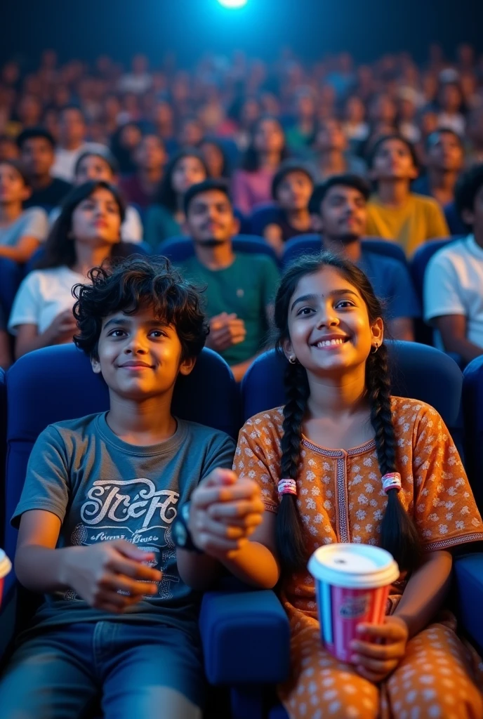 Male and femal hand holinding in theater watching stree 2 movie india that look real of teenagers indians