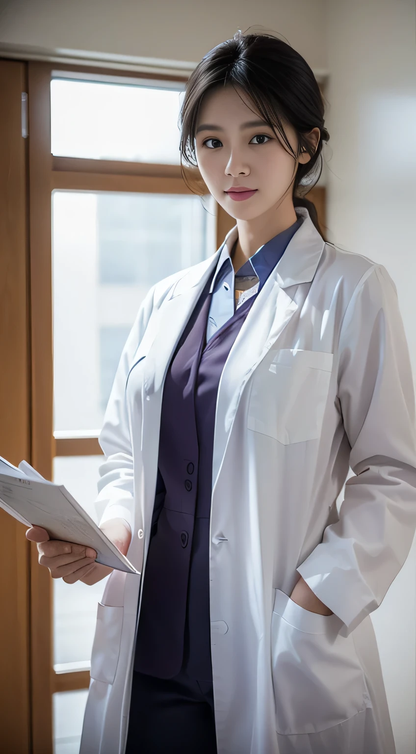 Photorealistic beautiful doctor、stunningly beautiful、doctors white coat, Collared shirt、(top-quality、8K、32K、masterpiece、nffsw:1.3)、超A high resolution,(Photorealsitic:1.4),Raw photography, Detailed face,Shoulder-length straight black short hair, ((Doctor Style)), Purple Surgical Clothes,Natural makeup,Big breasts,inside hospital, Detailed background, Perfect Lighting, depth of fields, Beautiful shadow gradient,stethoscope ,