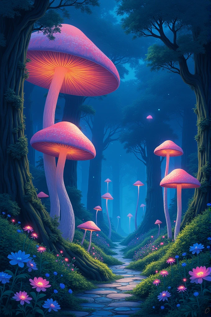 Viral anime nature wallpaper in 4K quality, in the style of digital illustration inspired by Yoshitaka Amano, showing a mystical forest with giant mushrooms, bioluminescent plants, and ethereal creatures wandering around; cool and mystical color temperature, cosmos lighting with stars twinkling in the sky, no human characters, the atmosphere is otherworldly and enchanting --v 5 --stylize 1000