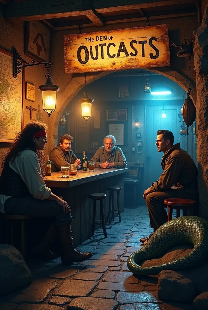 Une piece qui ressemble à un bar ou à l'entrée il ya marquéle repaire des bannis avec une pirate un ancien piloote de sous marin et une sirène