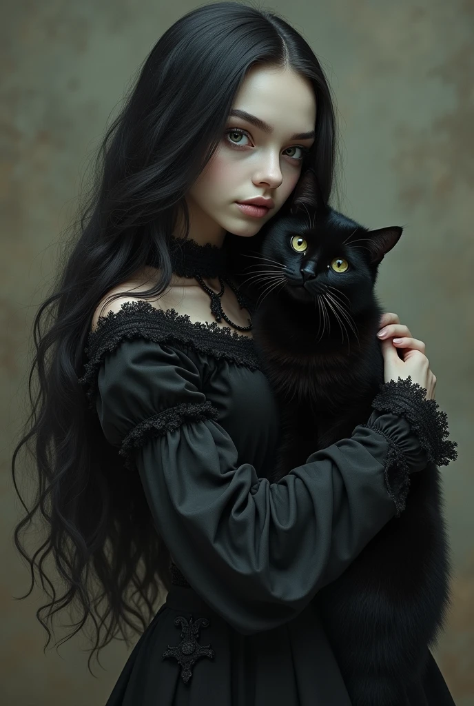 a mysterious witch hugging a black cat,black cat, witch with long dark hair,detailed face,piercing eyes,pale skin,beautiful detailed dress