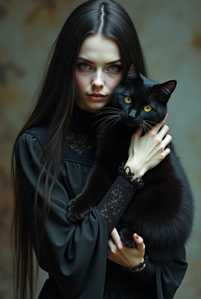 a mysterious witch hugging a black cat,black cat, witch with long dark hair,detailed face,piercing eyes,pale skin,beautiful detailed dress