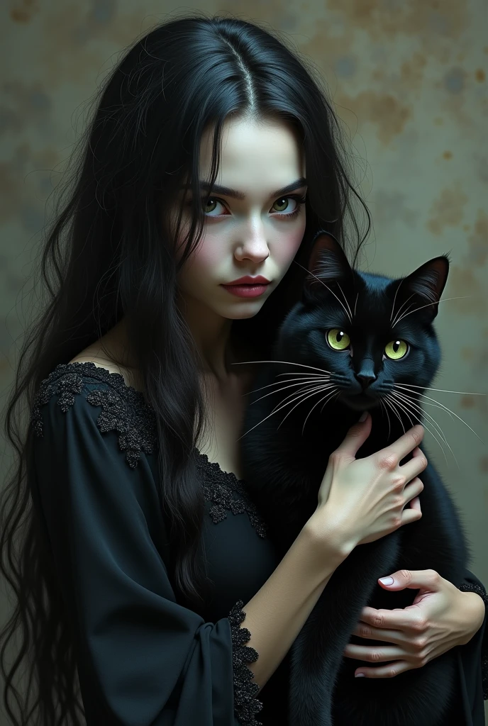 a mysterious witch hugging a black cat,black cat, witch with long dark hair,detailed face,piercing eyes,pale skin,beautiful detailed dress