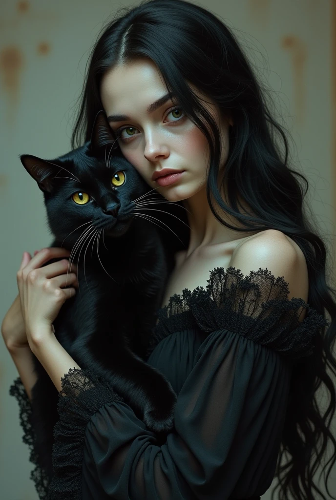 a mysterious witch hugging a black cat,black cat, witch with long dark hair,detailed face,piercing eyes,pale skin,beautiful detailed dress