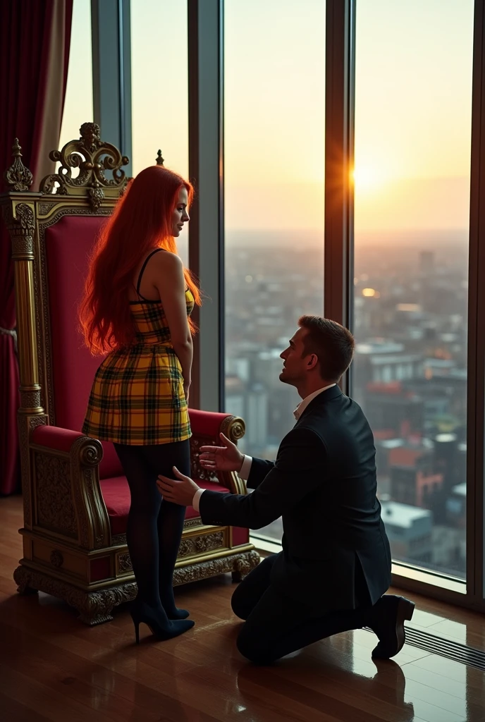 on a throne in front of a window on the top floor of an Edinburgh skyscraper giving orders to a man is a Scottish woman ,dressed in yellow base tartan with thinner black and red stripes, long red hair ,nice legs, short kilt,heels, black stockings,
