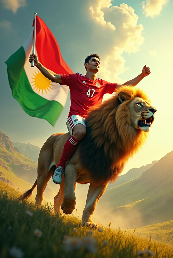 draw a picture that includes footballer Cristiano Ronaldo and lion with colour of red, yellow and green. Kurdistan Federal Govermant's flag will be on hands of Ronaldo. Ronaldo's number will be 47 and Ronaldo will ride lion