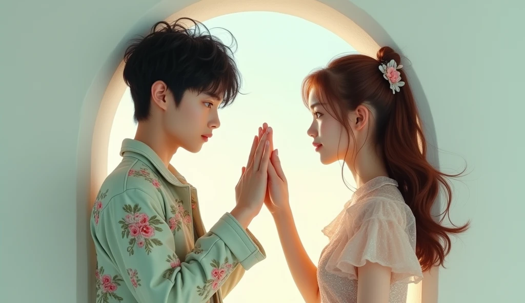 (best quality, masterpiece, ultra detailed, ultra high res, photorealistic, raw photo, absurdres, absolutely resolution), A Japanese teenage male idol and a Japanese teenage female idol are reaching out their hands through a wall. The camera captures the moment their hands touch from above the wall.