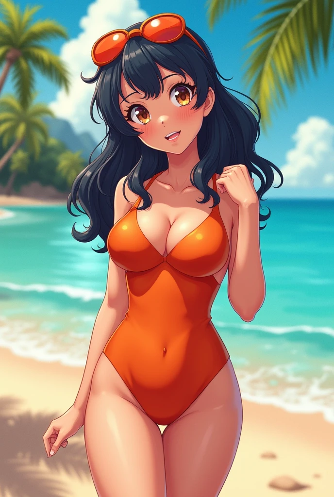 She&#39;s wearing a sexy swimsuit, has big breasts, and looks cute and anime-like.
