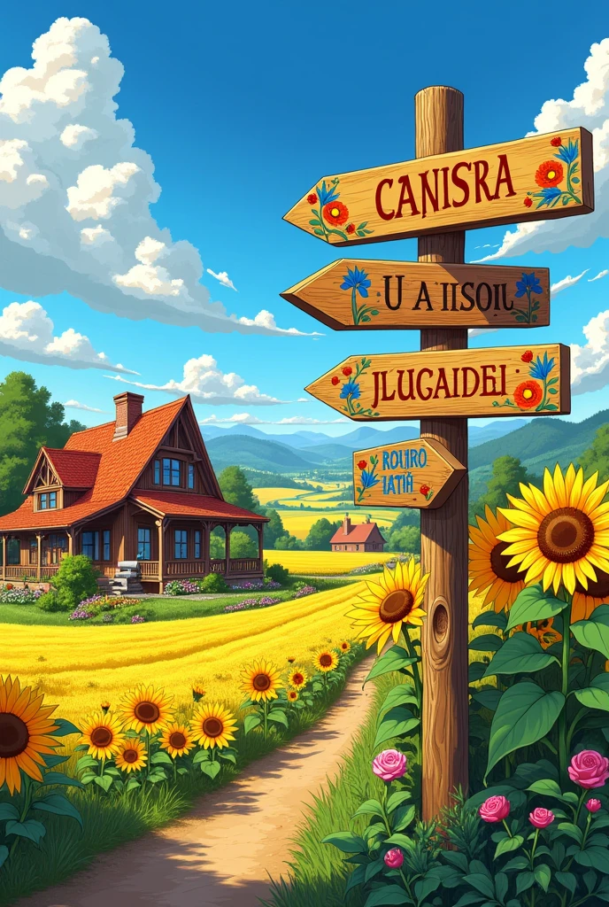 A beautiful detailed anime-style Ukrainian village, rolling fields of sunflowers, a colorful hand-shaped sign, south of Ukraine