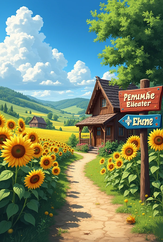 A beautiful detailed anime-style Ukrainian village, rolling fields of sunflowers, a colorful hand-shaped sign, south of Ukraine