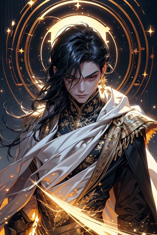 lamplight, Close-up cleavage, Handsome men, gold eyes, (Detailed eyes, The eyes are bright:1.2), Medium long black hair, pale-skinned, ear piercings, medium skin, dark blue coat, Meticulous suit, golden accessories on clothes, dark blue ties (perfect anatomia:1.2), Highqualityshadow, natural lightting, (White highlights:1.2),overcast day, (starrysky:1.2), (shining)