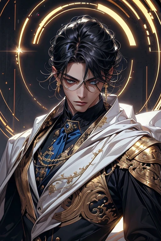 lamplight, Close-up cleavage, Handsome men, gold eyes, (Detailed eyes, The eyes are bright:1.2), Medium long black hair, pale-skinned, ear piercings, medium skin, dark blue coat, Meticulous suit, golden accessories on clothes, dark blue ties (perfect anatomia:1.2), Highqualityshadow, natural lightting, (White highlights:1.2),overcast day, (starrysky:1.2), (shining)